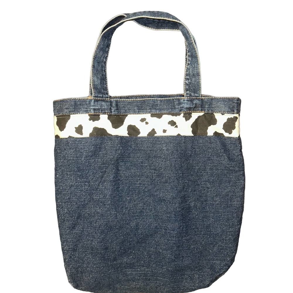 Vintage Blue Jean And Cow Print Shoulder Tote Bag Purse Kitschy Retro Handmade